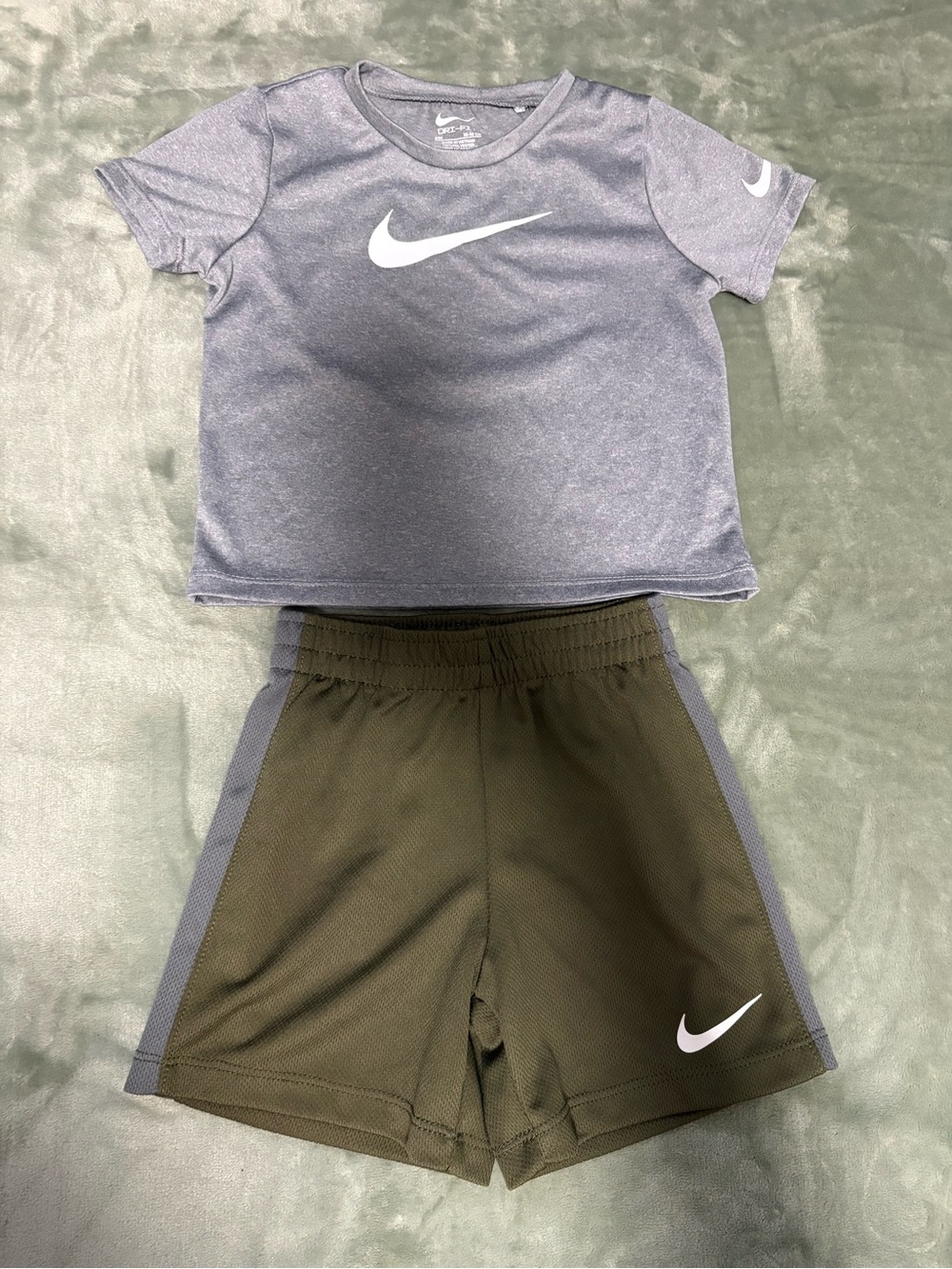 Nike Heather Grey Short Sleeve Tee with Olive Athletic Shorts